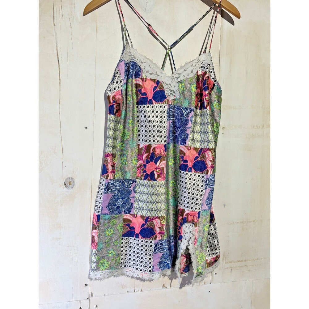 Vtg Y2K Victoria's Secret Satin Babydoll Slip Dress Patchwork Bright Lace Large